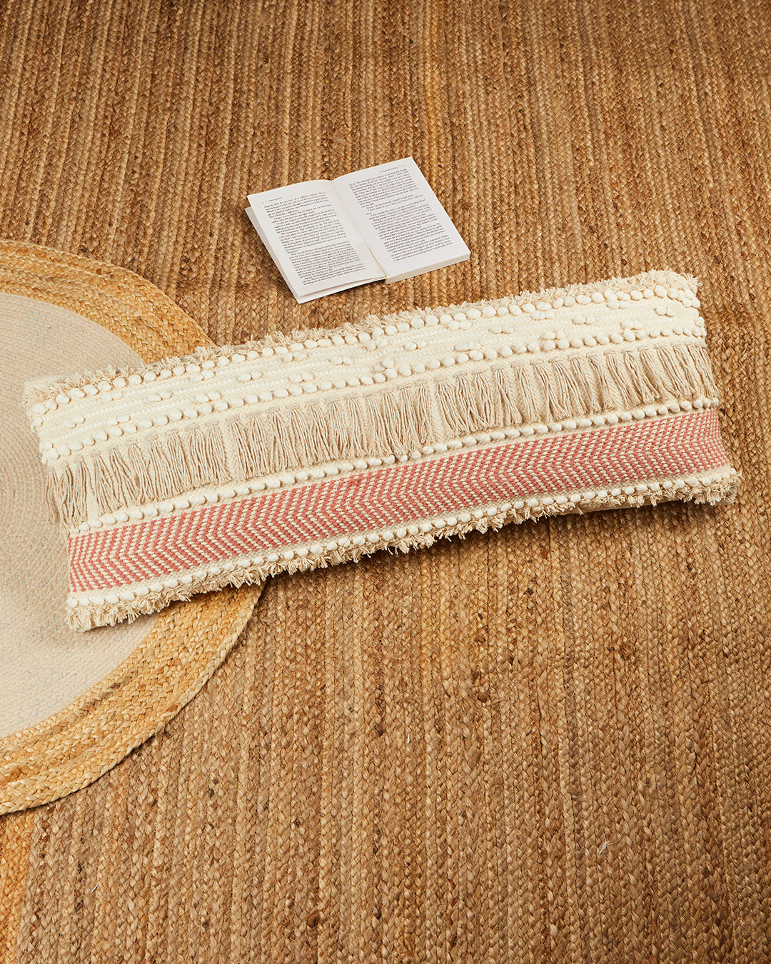 Pink fringes 14 x 36 Beige Cushion cover with tassle