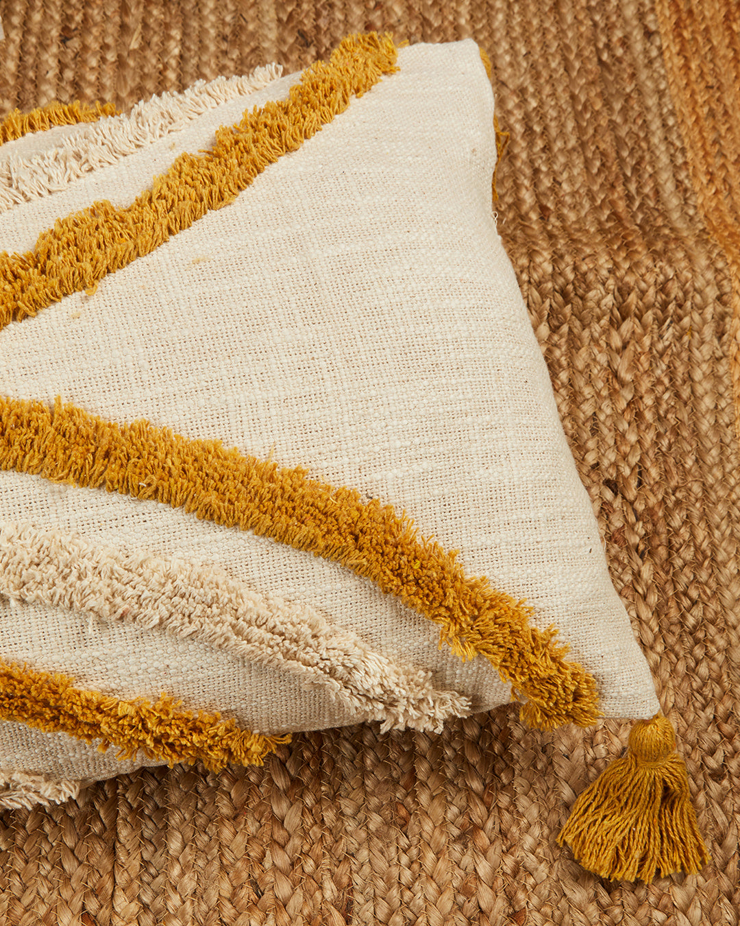 Yellow curves 14 x 36 Beige Cushion cover with tassle