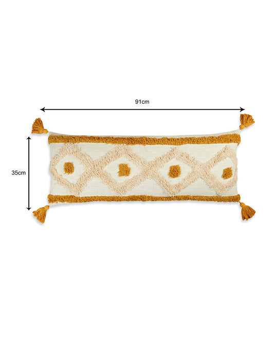 Mustard Yellow Beige geometric 14 x 36 Cushion cover with tassle