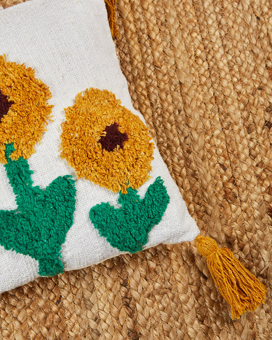 Textured handloom Sunflower 12 x 12 Beige Cushion cover with tassle - Set of 2