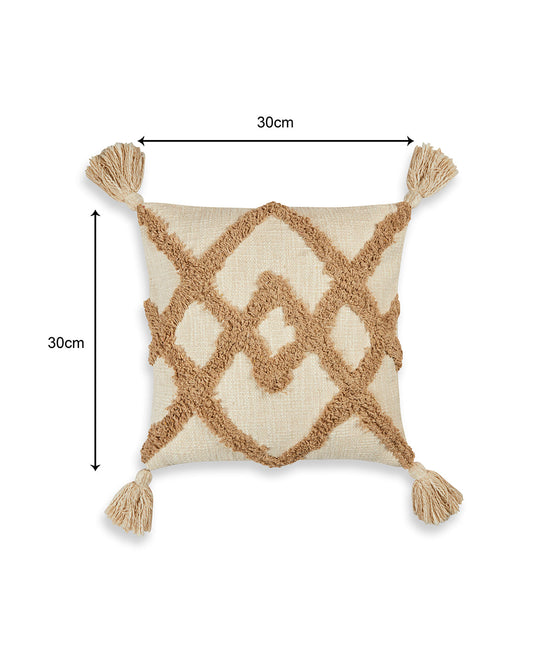 Tufted zigzag 12 x 12 Beige Cushion cover with tassle - Set of 2