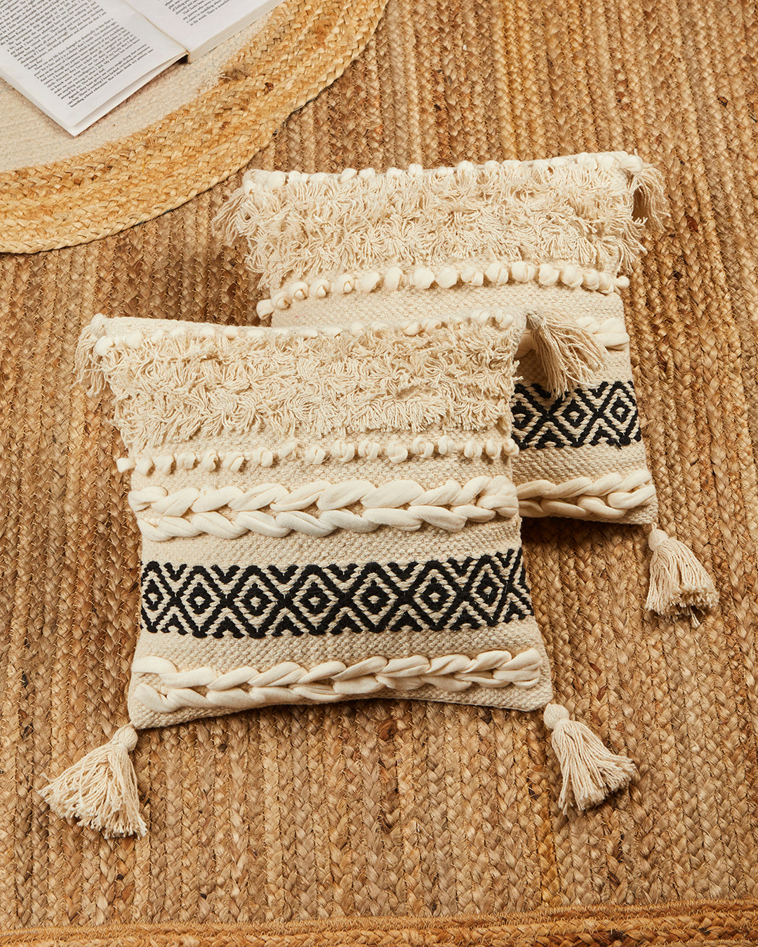 Beige & black bohemian 12 x 12 Cushion cover with tassle - Set of 2