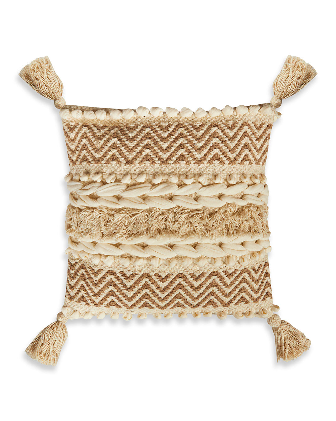 Bohemian with fringes 12 x 12 Beige Cushion cover with tassle - Set of 2