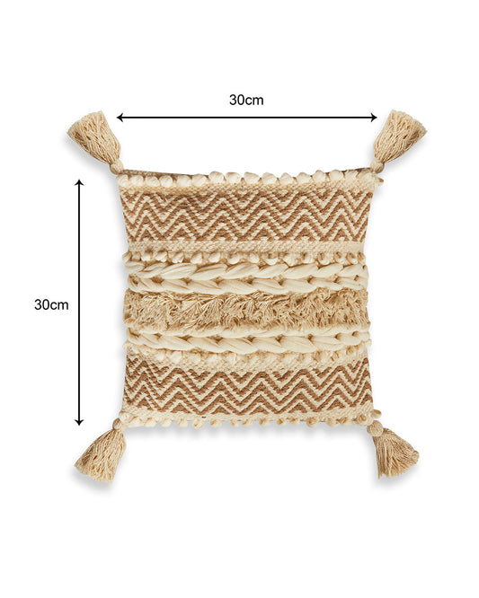 Bohemian with fringes 12 x 12 Beige Cushion cover with tassle - Set of 2