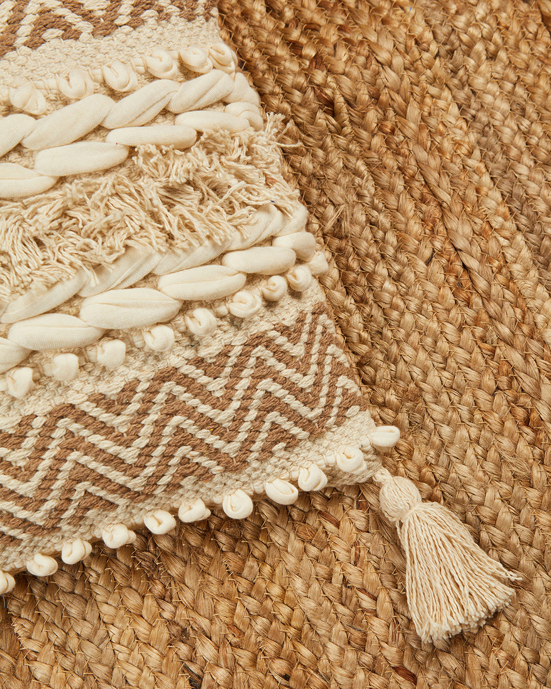 Bohemian with fringes 12 x 12 Beige Cushion cover with tassle - Set of 2