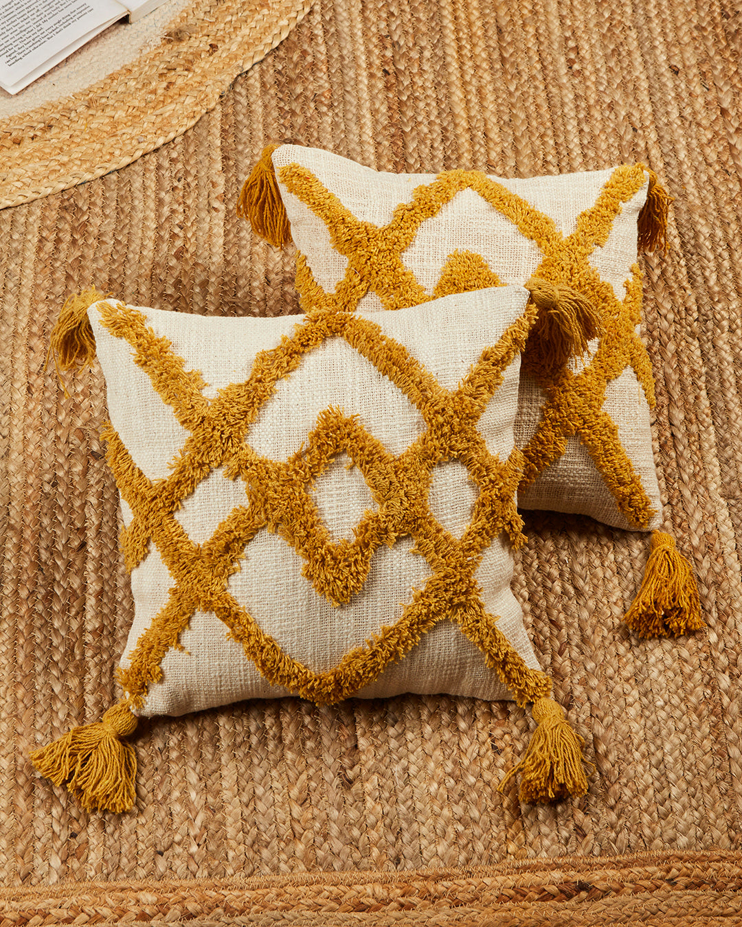 Mustard Yellow zigzag 12 x 12 Beige Cushion cover with tassle - Set of 2