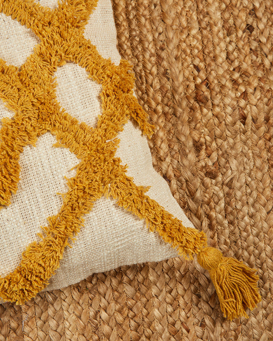 Mustard Yellow zigzag 12 x 12 Beige Cushion cover with tassle - Set of 2