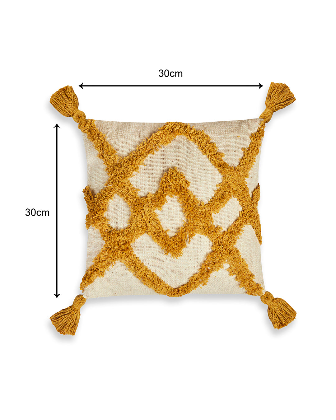 Mustard Yellow zigzag 12 x 12 Beige Cushion cover with tassle - Set of 2