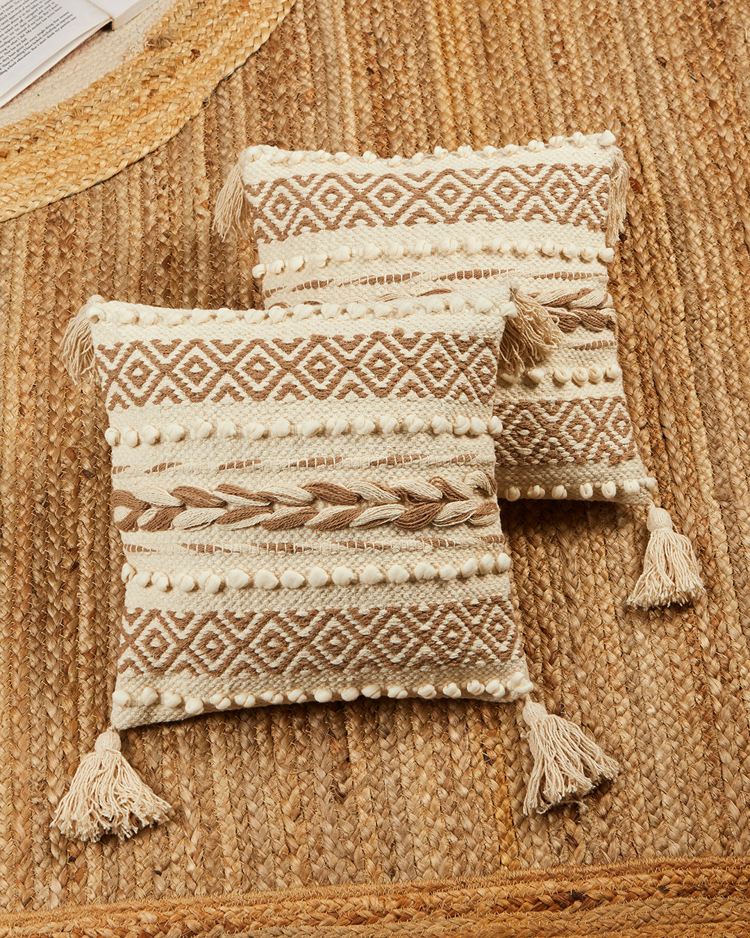 Braided Beige 12 x 12 Cushion cover with tassle - Set of 2