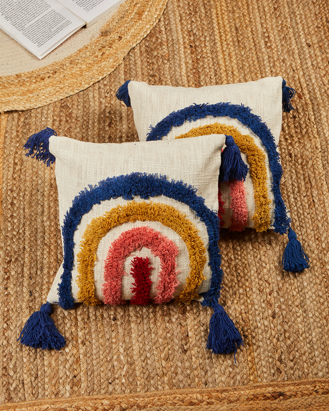 Cute Rainbow 12 x 12 Beige Cushion cover with tassle - Set of 2