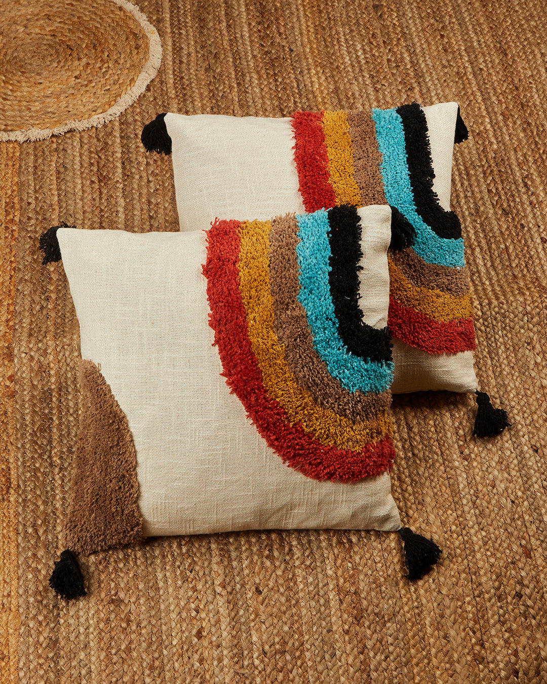 Tufted rainbow 16 x 16 Beige Cushion cover with tassle - Set of 2