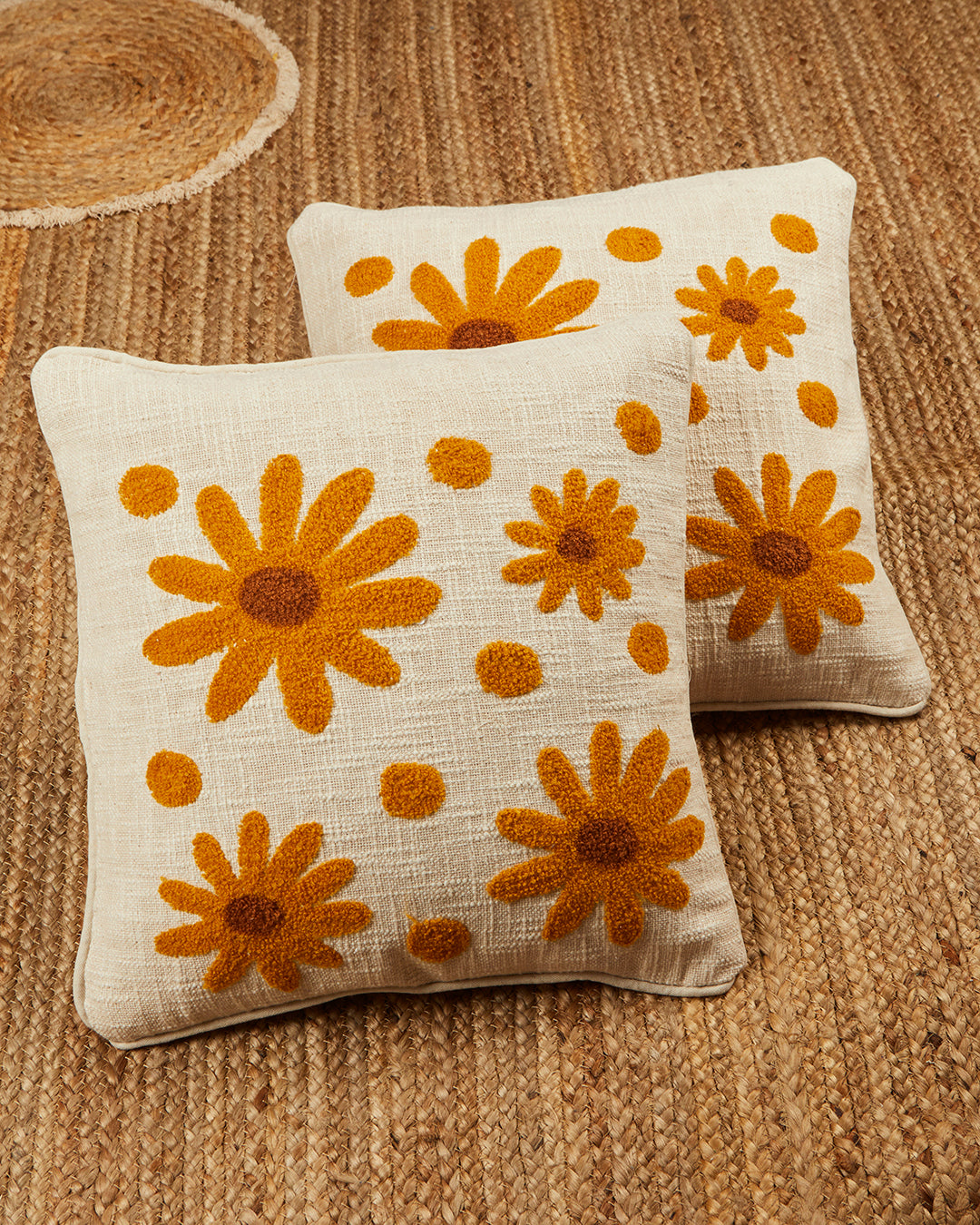 Beige & orange Tufted 16 x 16 Cushion cover - Set of 2