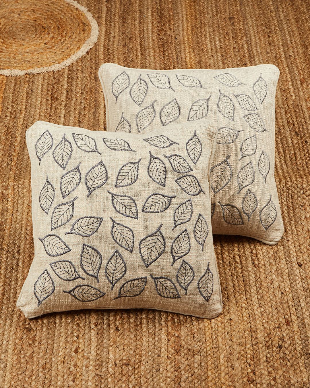 Grey leaves Embroidery 16 x 16 Beige Cushion cover - Set of 2