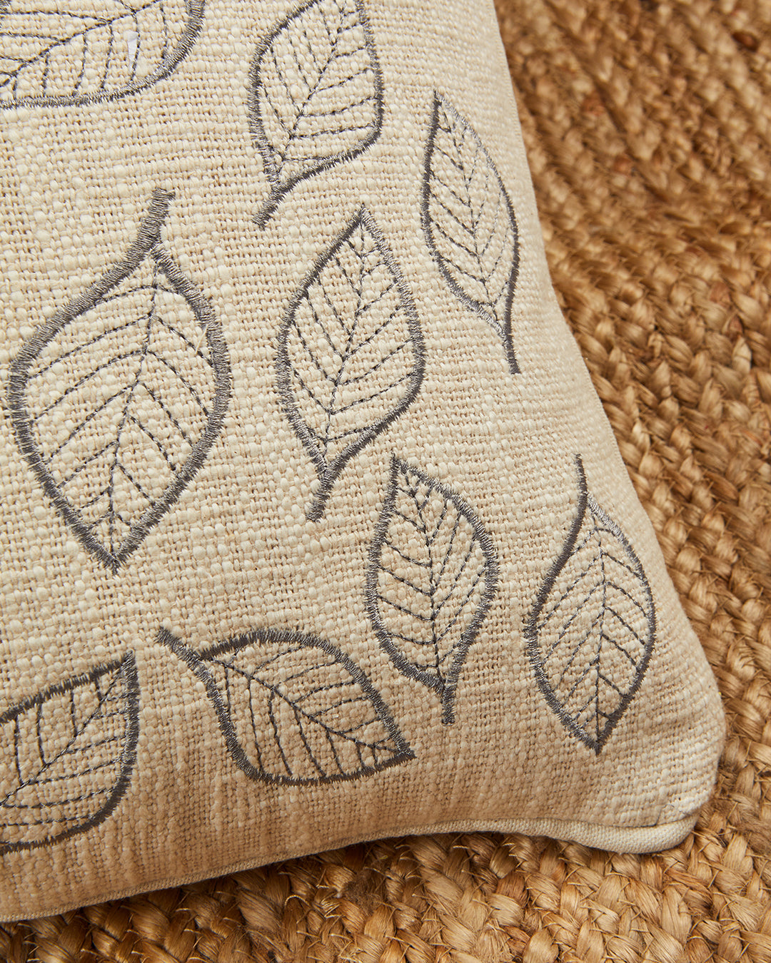 Grey leaves Embroidery 16 x 16 Beige Cushion cover - Set of 2