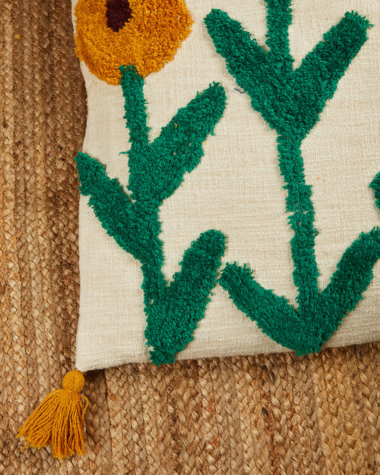 Textured handloom Sunflower 24 x 24 Beige Cushion cover with tassle - Set of 2