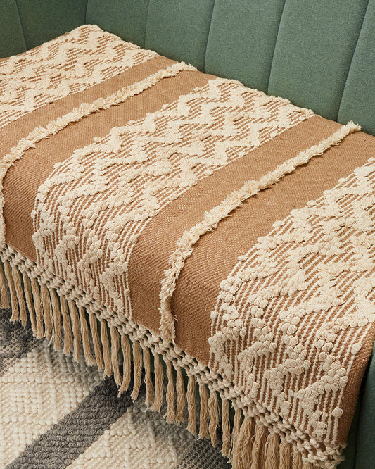 Tassled brown woven 3 seater sofa cover with tassles