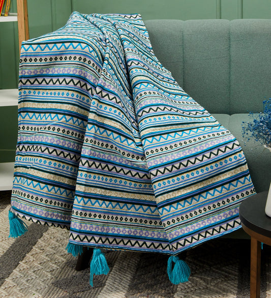 Festive look blue jacquard sofa throw