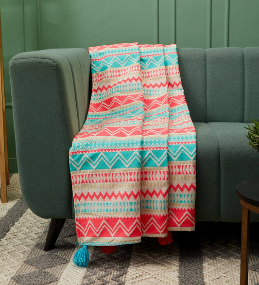Sea Green Pink Tassled Sofa Throw Blanket