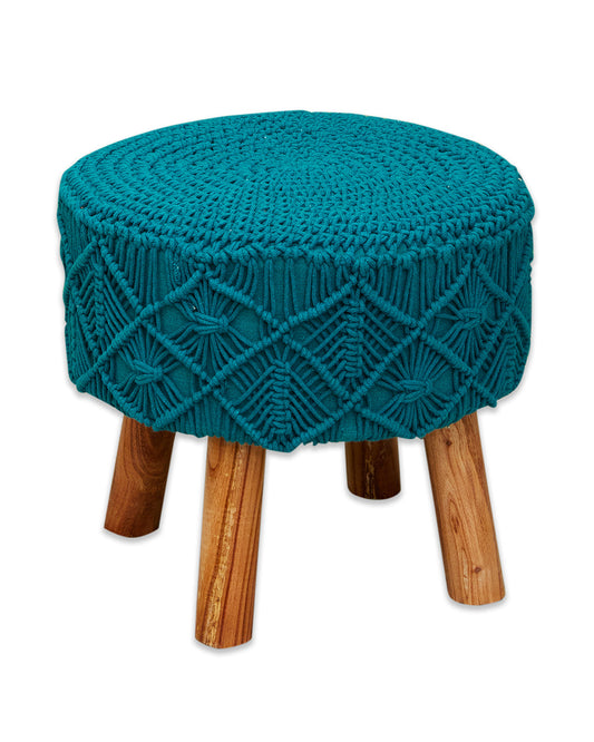 Teal Blue Macreme 4 legged wooden sitting stool/ottoman/muddha/pouffe