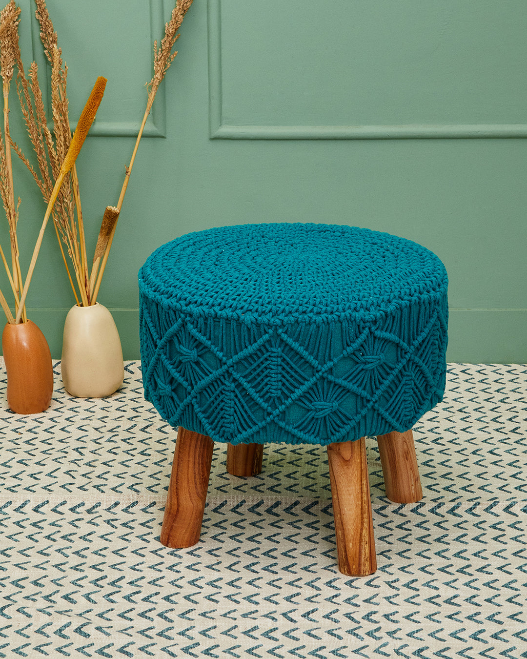 Teal Blue Macreme 4 legged wooden sitting stool/ottoman/muddha/pouffe