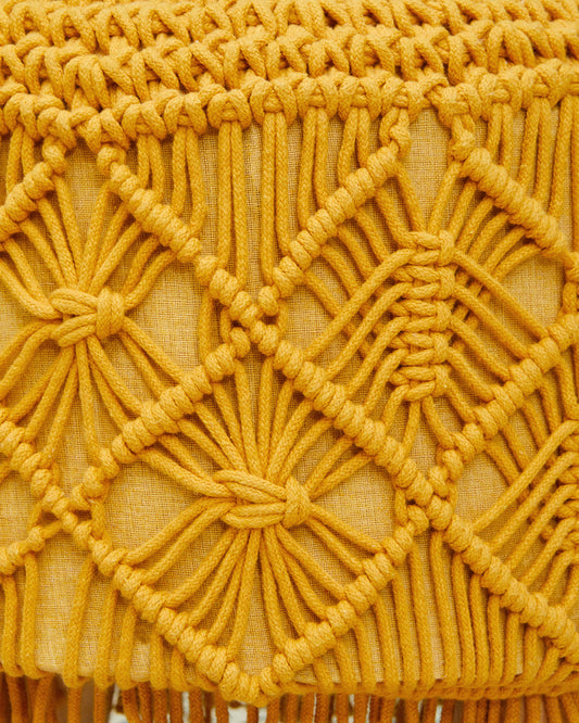 Mustard Yellow Tassled Macreme 4 Legged Wooden Sitting Stool/Ottoman/Muddha/Pouffe