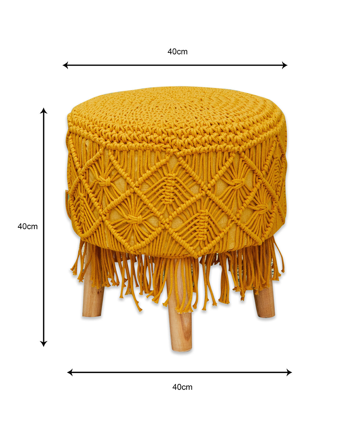 Mustard Yellow Tassled Macreme 4 Legged Wooden Sitting Stool/Ottoman/Muddha/Pouffe