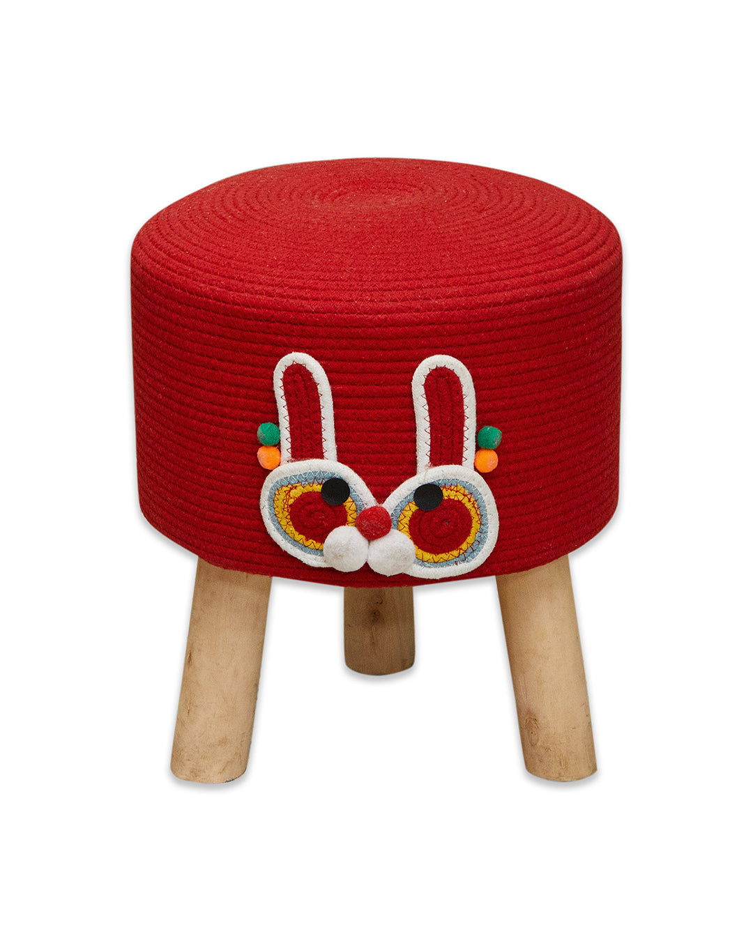 Red cartoon Kids 3 legged wooden sitting stool/ottoman/muddha/pouffe