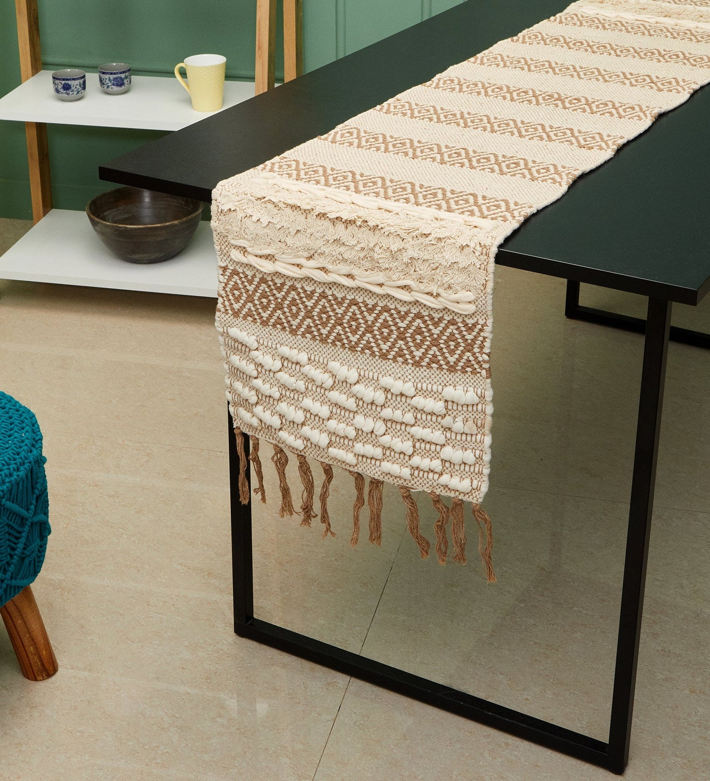 Bohemian woven table runner with tassles