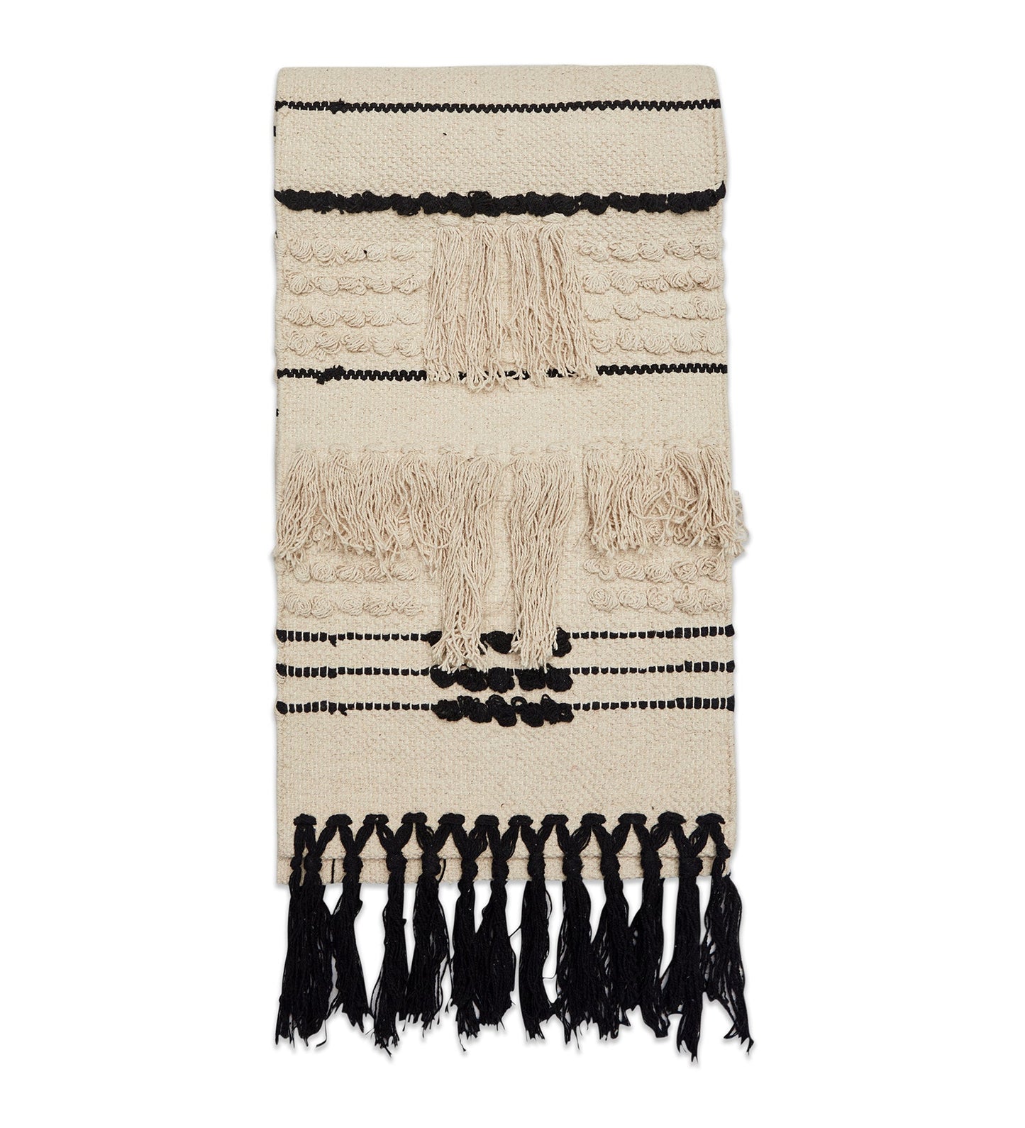 Beige & black table runner with tassles