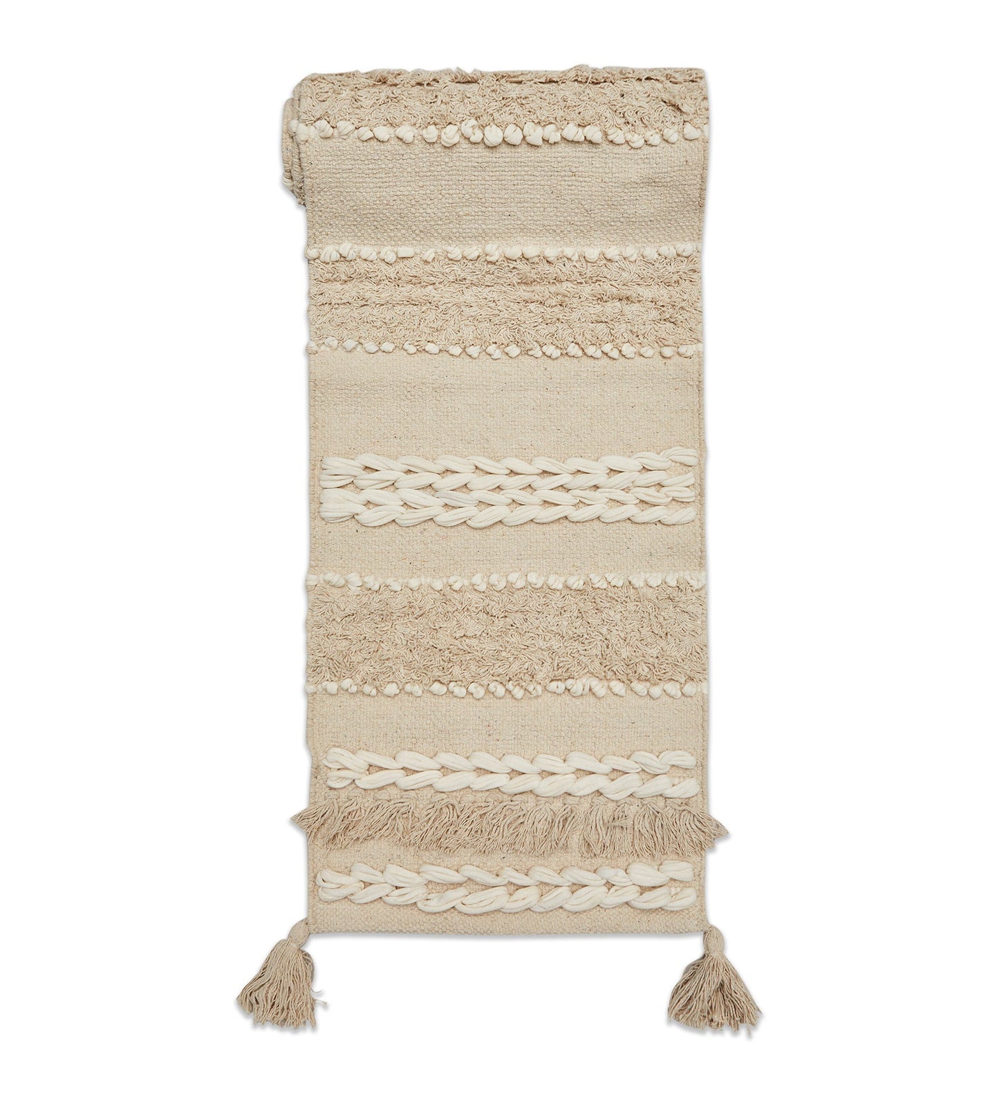 Soft knitted beige table runner with tassles