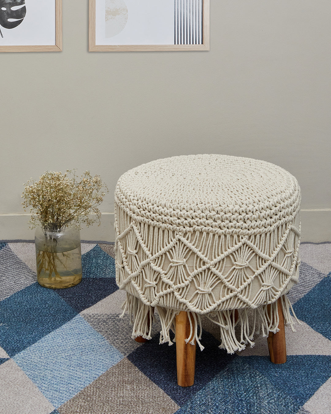 Off-white tassled Macreme 4 legged wooden sitting stool/ottoman/muddha/pouffe