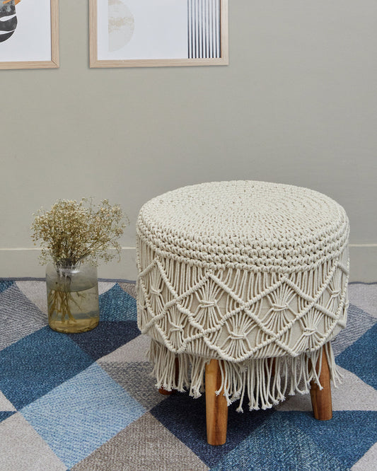 Off-white tassled Macreme 4 legged wooden sitting stool/ottoman/muddha/pouffe