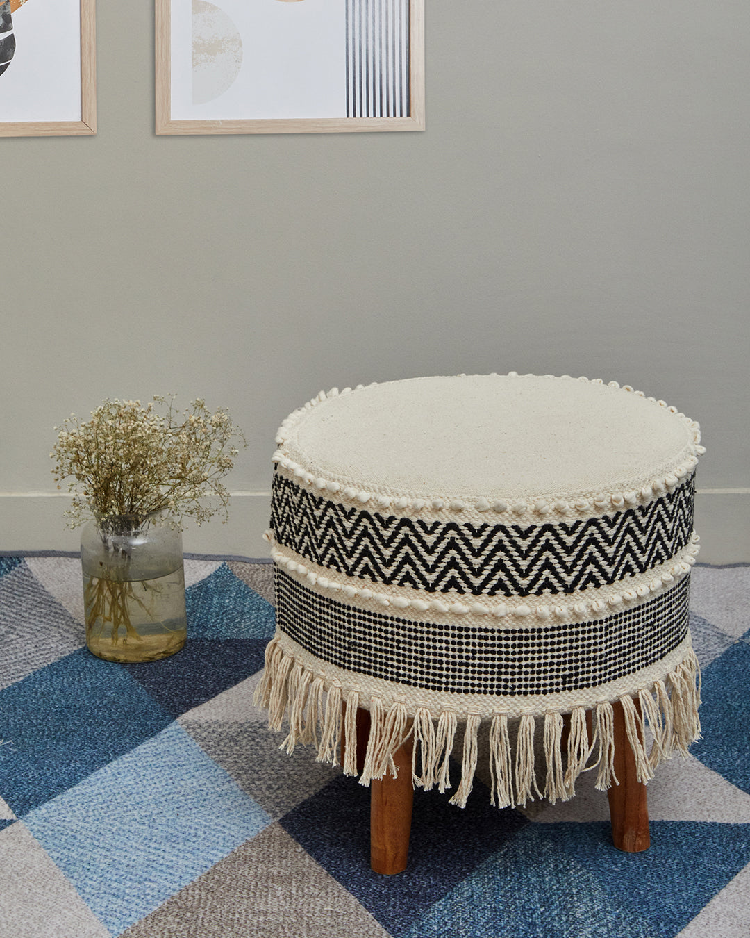 Trendy Beige & black bohemian 4 legged wooden sitting stool/ottoman/muddha/pouffe