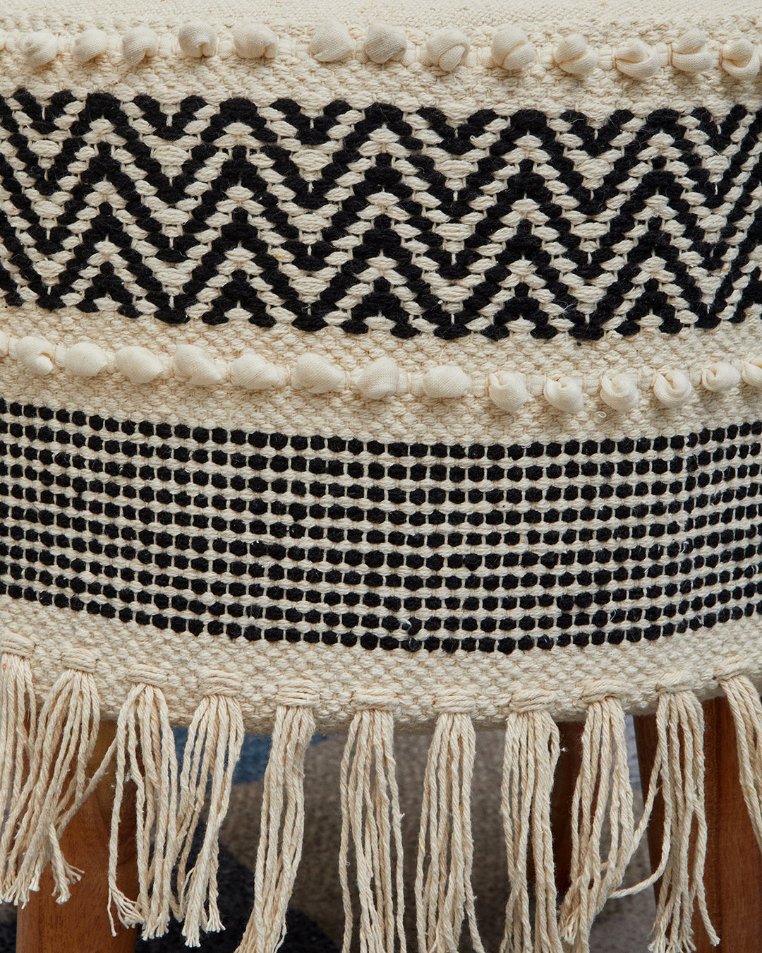 Trendy Beige & black bohemian 4 legged wooden sitting stool/ottoman/muddha/pouffe