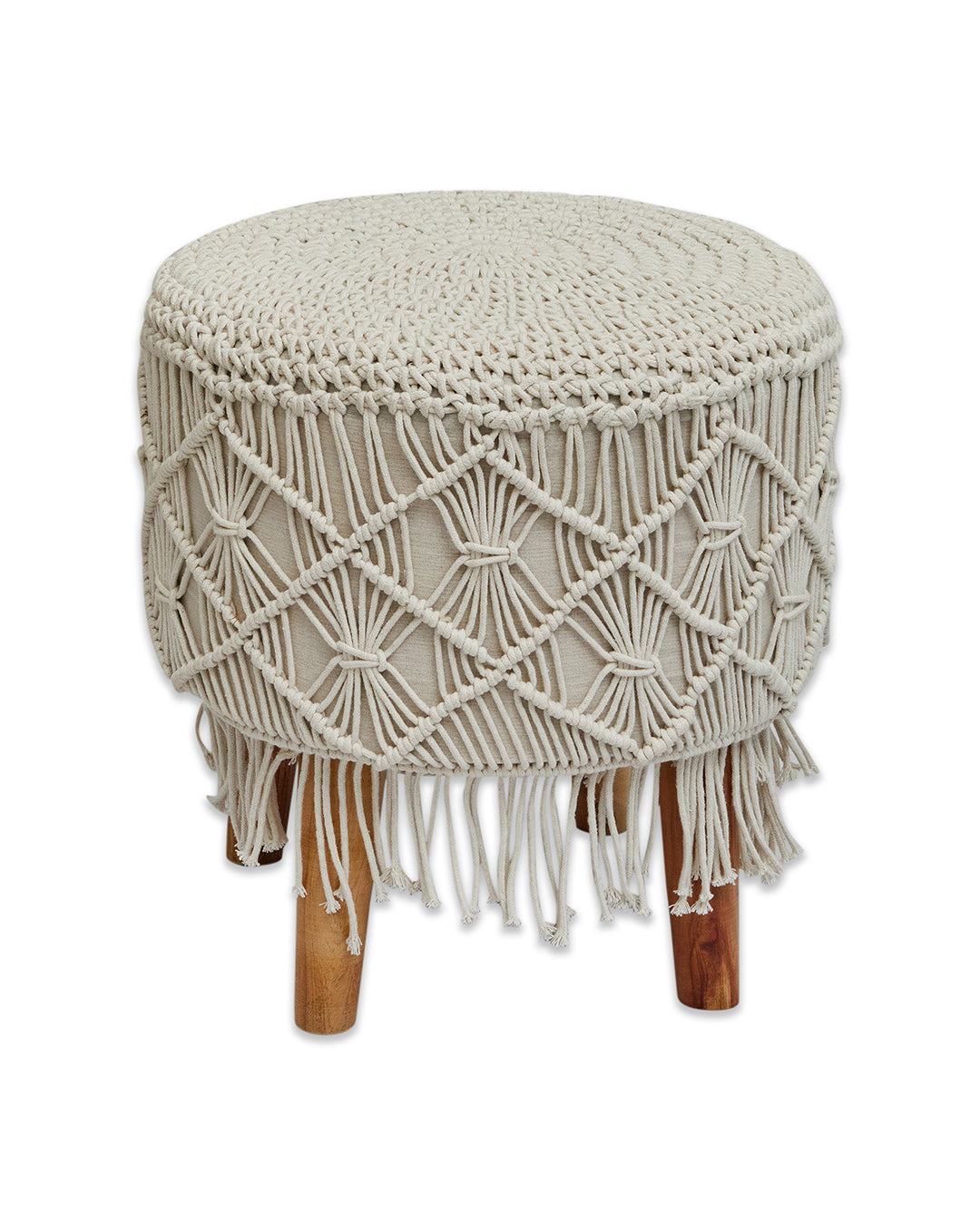 Off-white tassled Macreme 4 legged wooden sitting stool/ottoman/muddha/pouffe