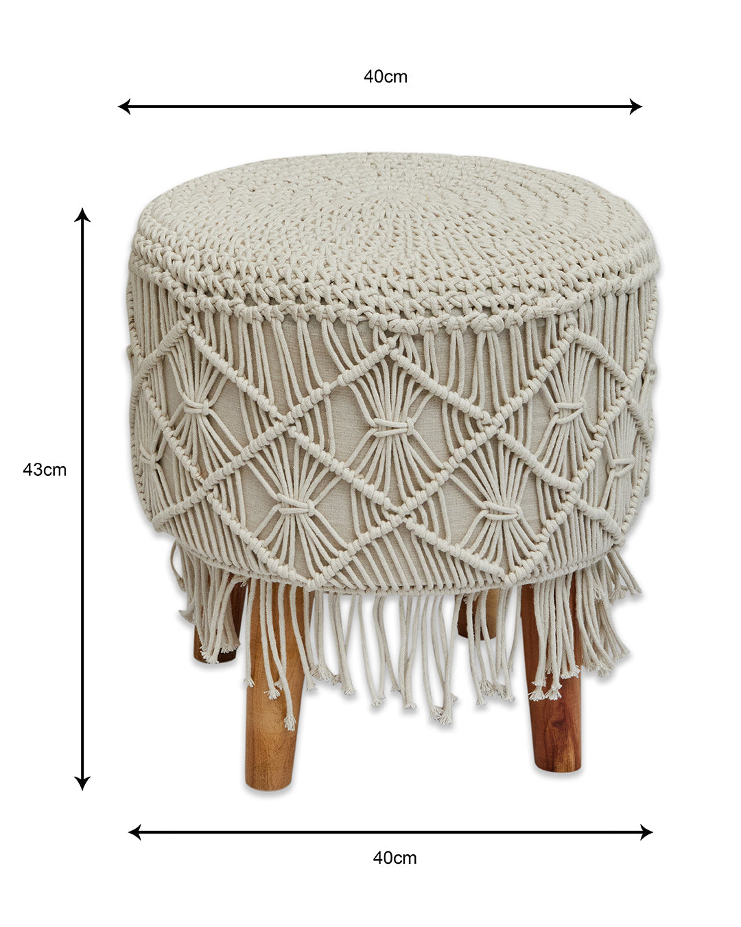 Off-white tassled Macreme 4 legged wooden sitting stool/ottoman/muddha/pouffe