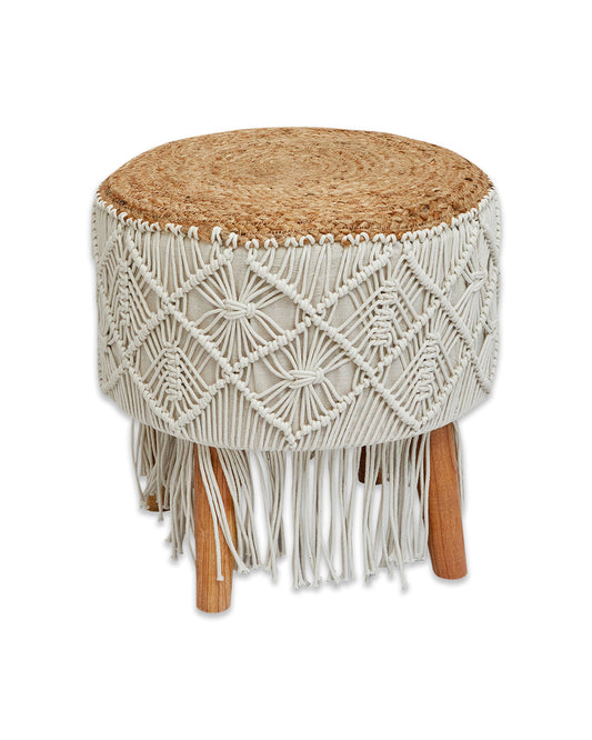 Marvellous jute top macreme 4 legged wooden sitting stool/ottoman/muddha/pouffe