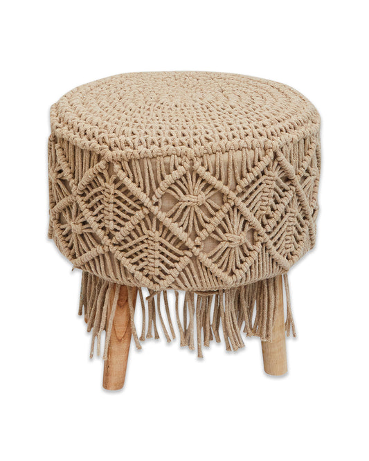 Brown macreme tassled 4 legged wooden sitting stool/ottoman/muddha/pouffe
