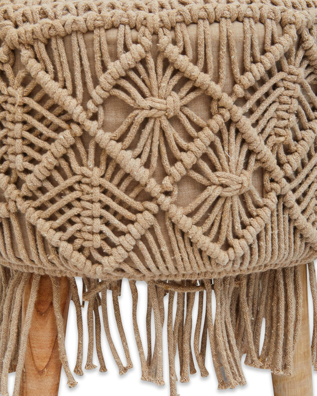 Brown macreme tassled 4 legged wooden sitting stool/ottoman/muddha/pouffe