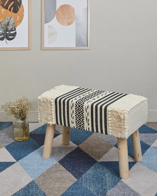 Beige & black bohemian 4 legged wooden bench/side table