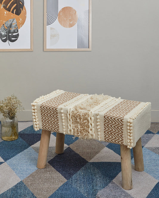 Tufted beige bohemian 4 legged wooden bench/side table