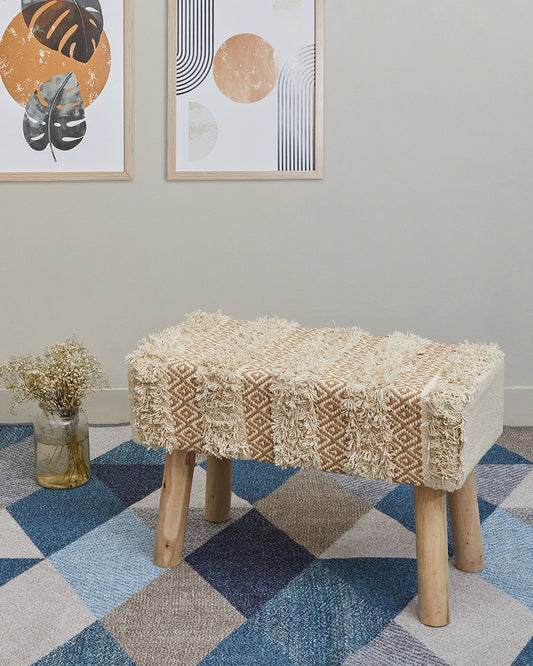 Decorative beige bohemian 4 legged wooden bench/side table