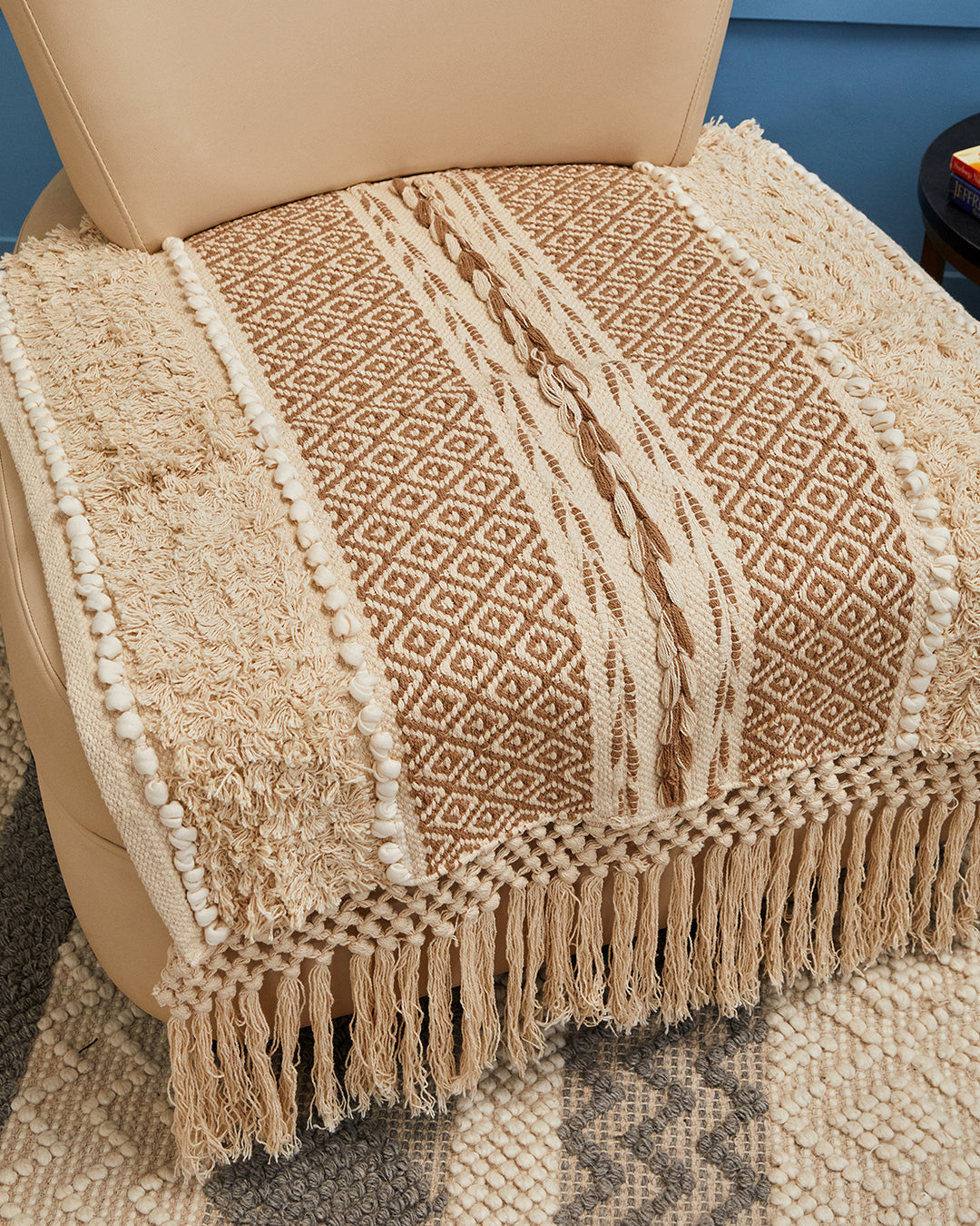 Braided Beige 1 seater sofa cover with tassles