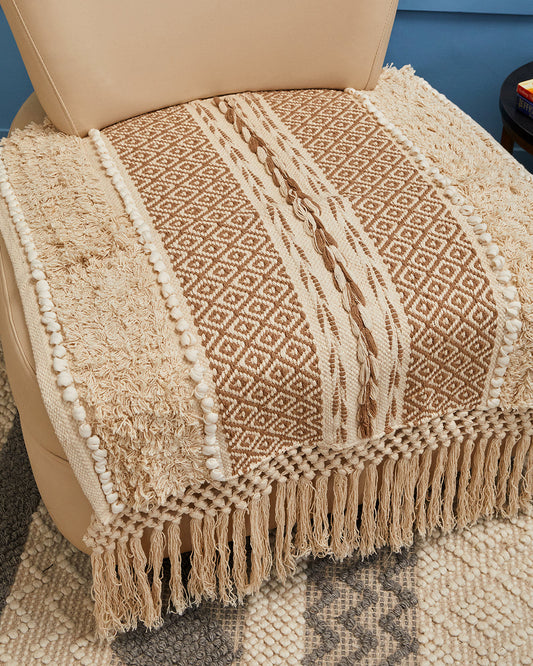 Braided Beige 1 seater sofa cover with tassles - Set of 2