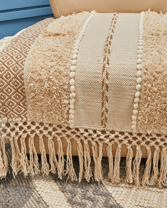 Hand crafted Beige 1 seater sofa cover with tassles - Set of 2