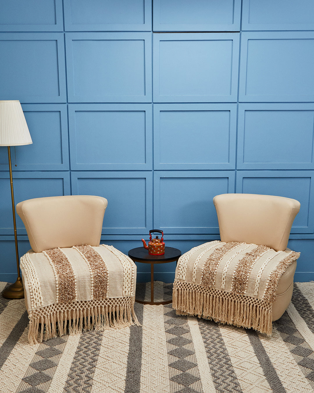 Tufted Beige 1 seater sofa cover with tassles