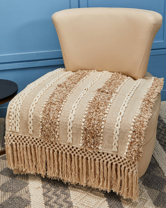 Tufted Beige 1 seater sofa cover with tassles - Set of 2