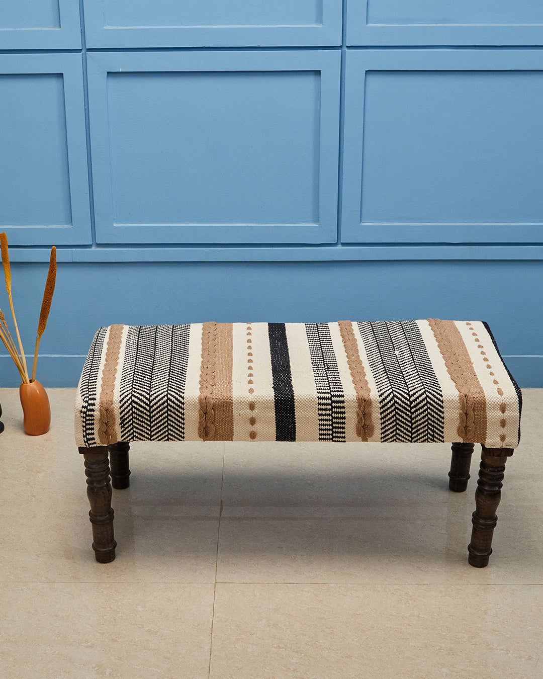Black beige brown striped 4 legged wooden bench with removable legs