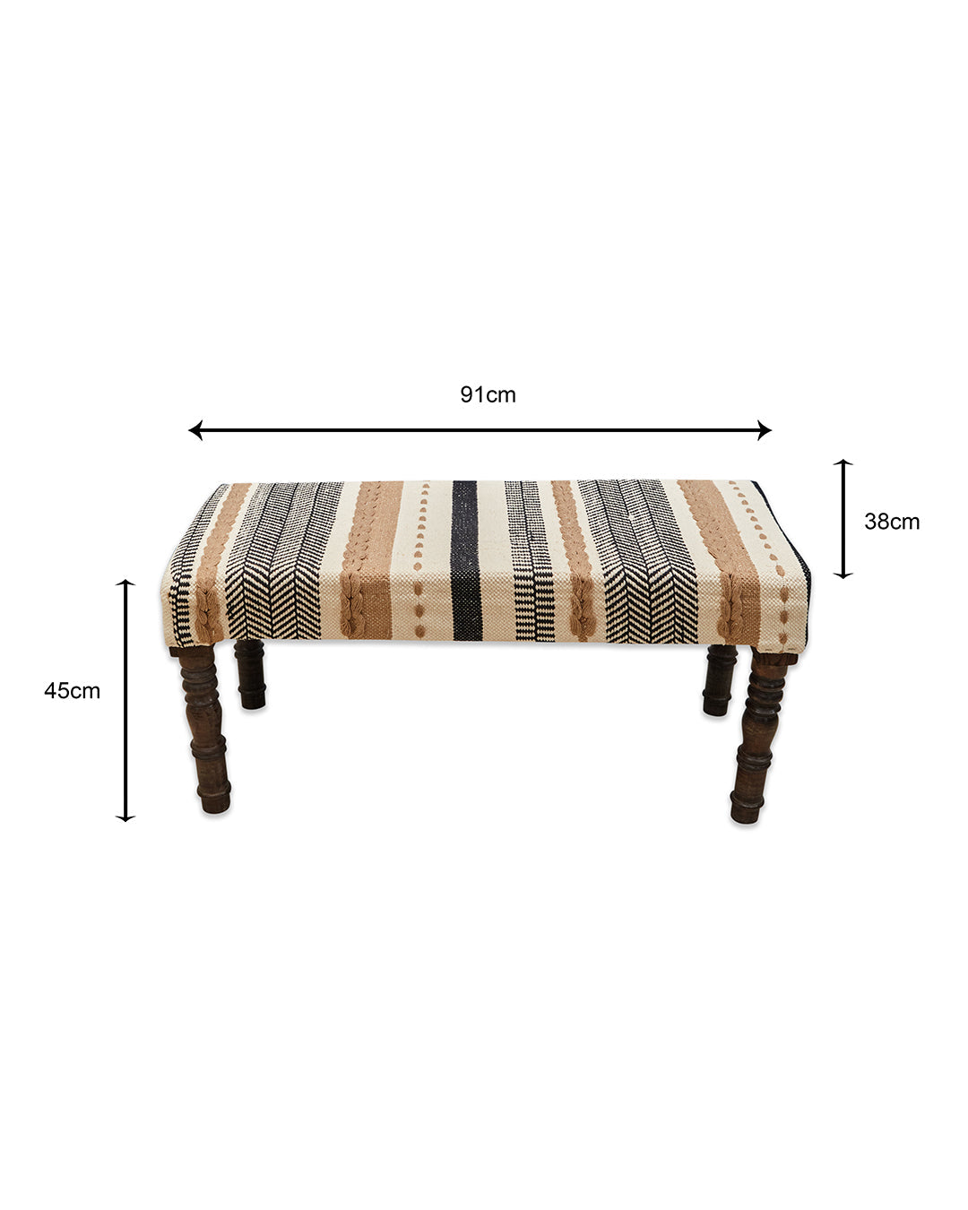 Black beige brown striped 4 legged wooden bench with removable legs