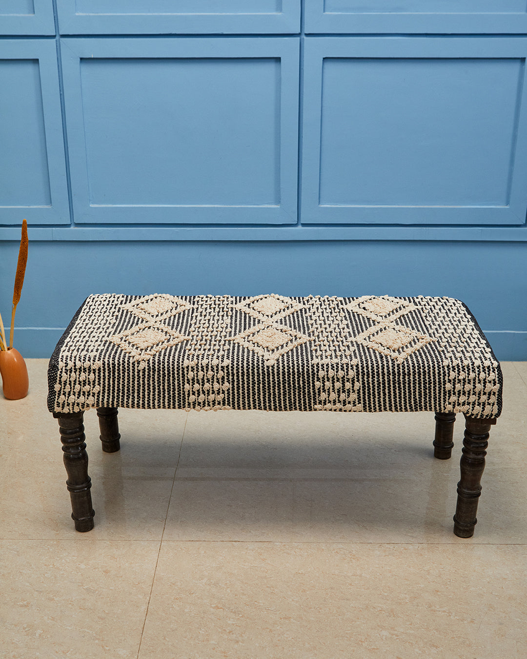 Black beige brown striped 4 legged wooden bench with removable legs